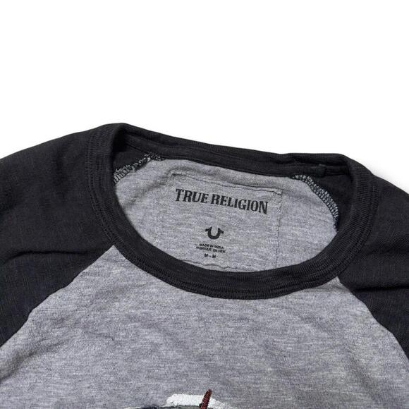 TRUE RELIGION TRBJ Skull Raglan LS MEN T-SHIRT Grey/Black Y2K Grunge Sz M $99 - Picture 2 of 13